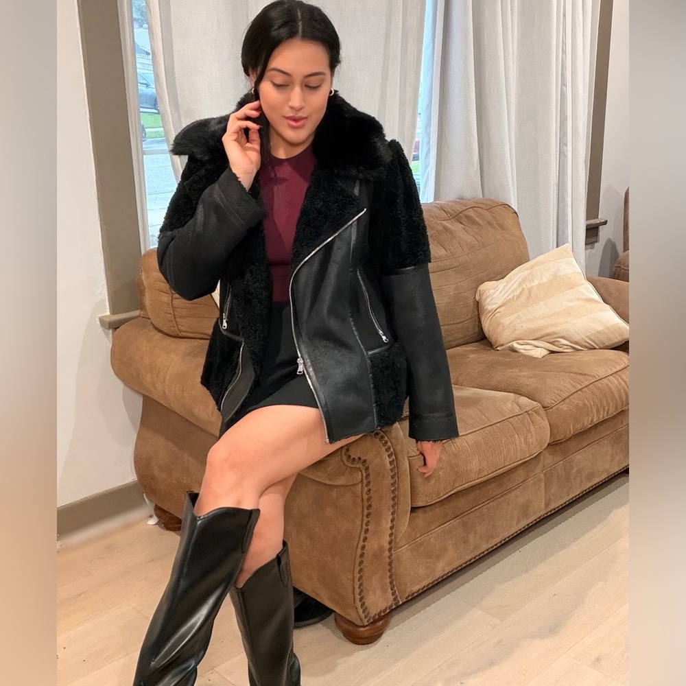 Vince Camuto Black Leather Jacket with Shearling